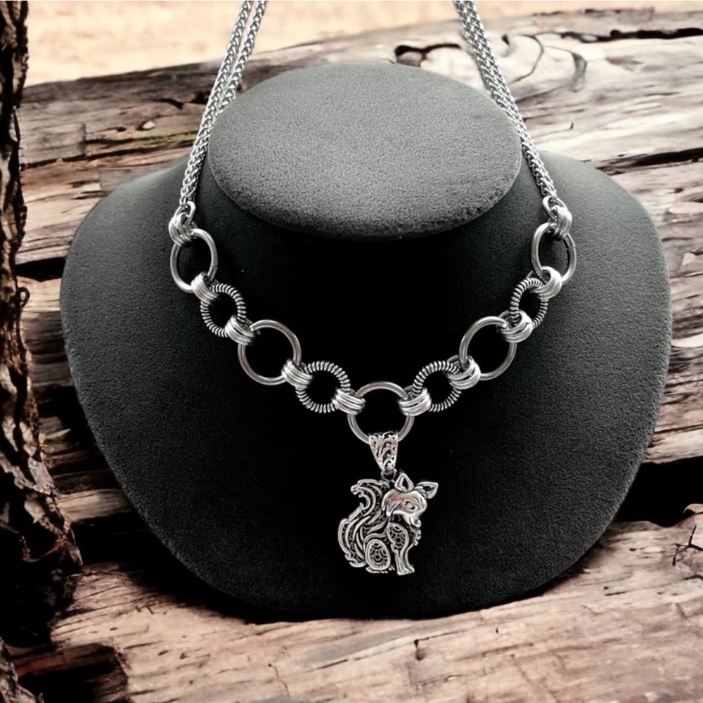 Handmade maille stainless steel necklace double wheat chain + fox design charm - Picture 1 of 15